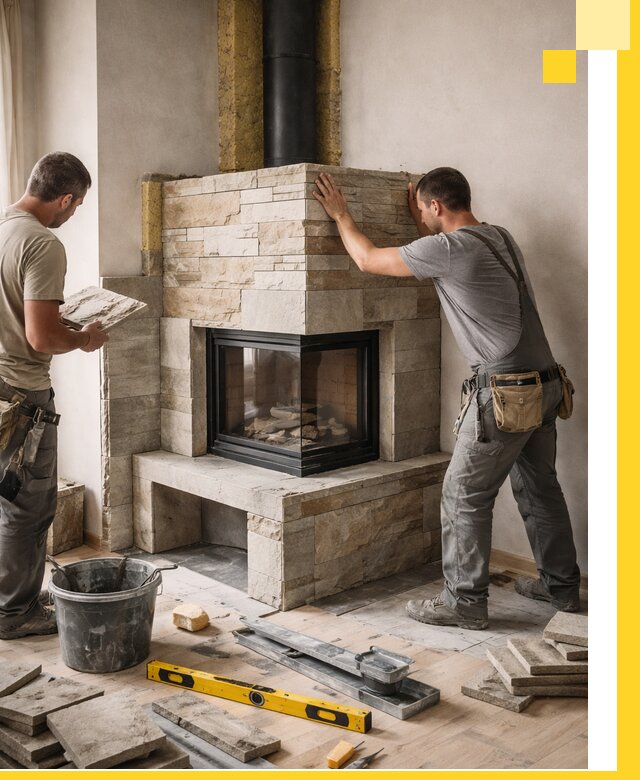 Угловые камины под ключ проект, монтаж и отделка в Старой Руссе