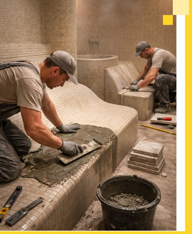 Лежаки для хамама под ключ в Старой Руссе, проект и монтаж