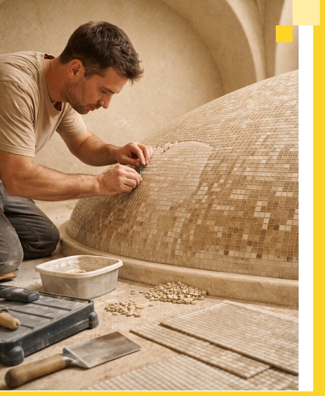 Профессиональная укладка мозаики для хамама под ключ в Старой Руссе